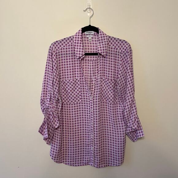 Express L gingham long sleeve button up blouse summer picnic cottagecore pastel - Picture 1 of 7